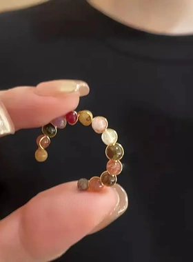 复古天然石碧玺开口戒指女轻奢小众设计高级感食指戒时尚个性戒指