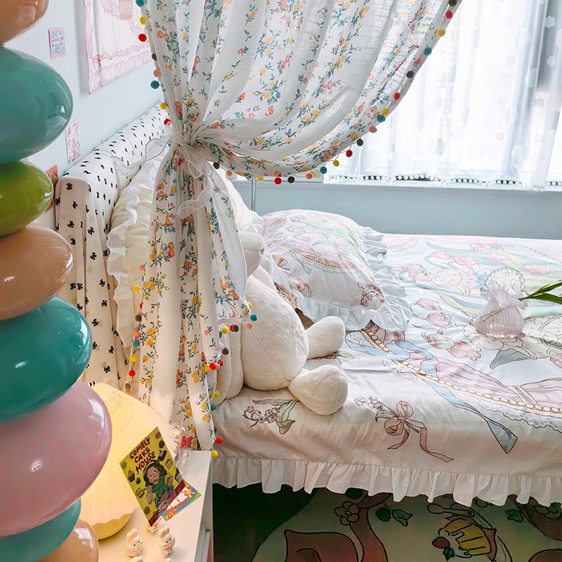 卧室床对门隔断碎花布艺窗帘法z式屏风女孩门帘半遮光免打孔屏风 - 图3