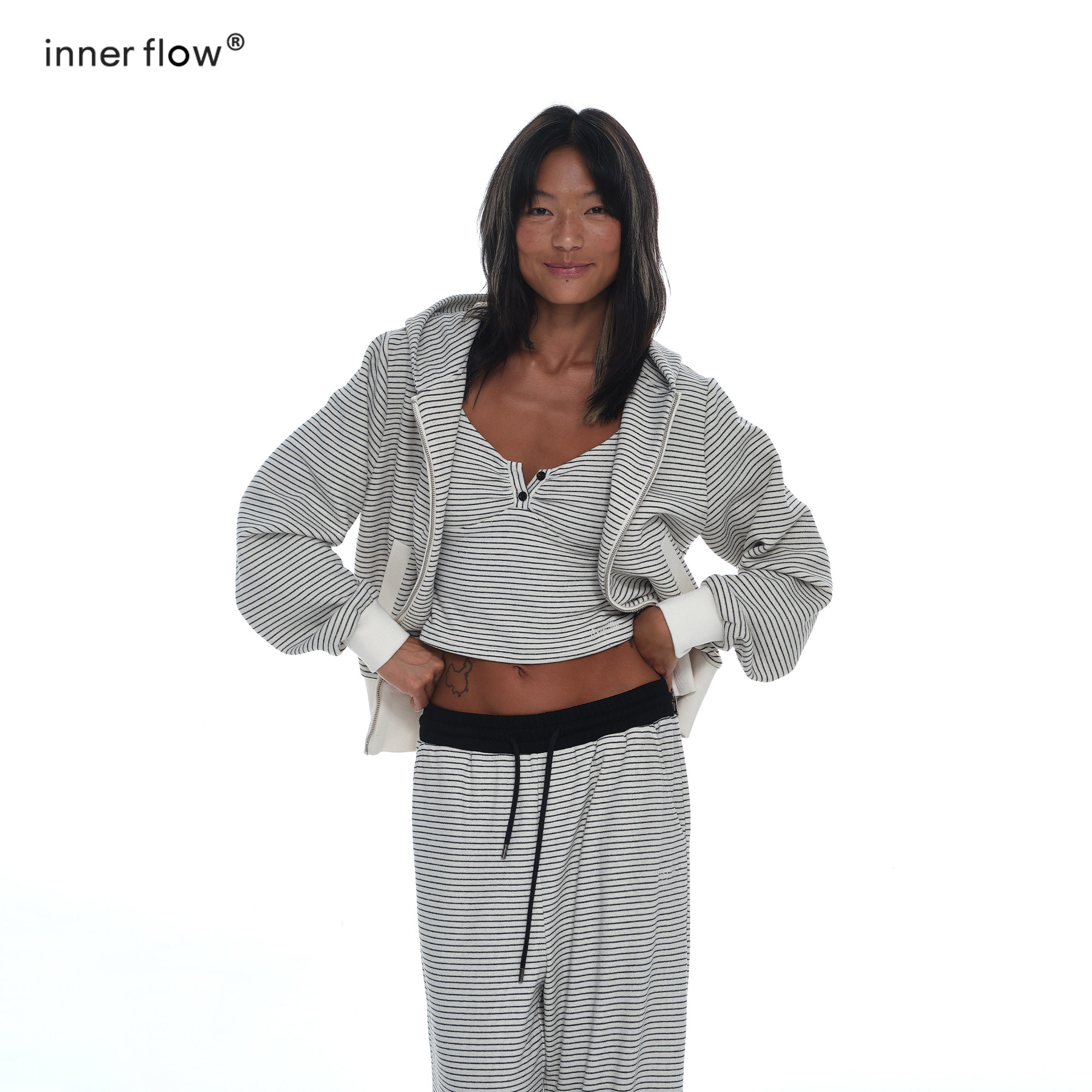 INNERFLOW自然呼吸系列 宽松舒适感版型好长裤吊带外套条纹套装,淘宝优惠券,粉丝福利购,淘宝优惠卷