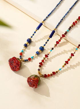 珞石青金石真花吊坠锁骨链女项链