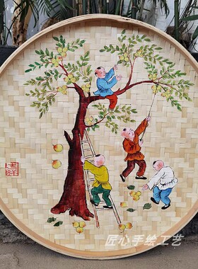 手绘簸箕画复古美k丽乡村农耕文化墙素材农家乐装饰品竹编田园壁