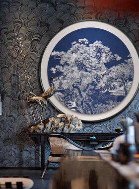新中式客厅沙发背景墙挂画餐馆餐厅高级感L圆形浮雕肌理实物装饰