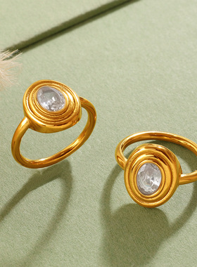 欧美时尚复古金属椭圆镶锆石戒指不锈钢镀18K金极简螺旋纹戒指女