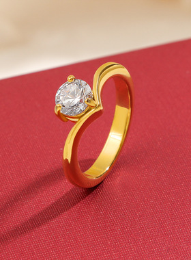 简约轻奢V形克拉锆石钛钢戒指女镀18K金不掉色小众设计精致婚戒