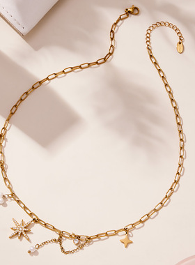 不锈钢芒星吊坠项链 镀18k金ins欧美时尚百搭diy个性精致气质首饰