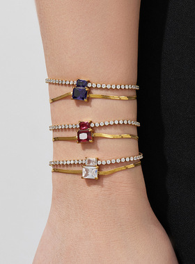 2mm锆石爪镶石头双层刀片链手链 ins彩色锆石不锈钢18K金轻奢手链