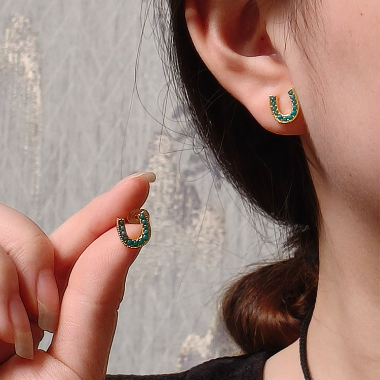 龙丰绿松轩S925银镀18K金天然绿松石小米珠耳钉U形女款百搭耳饰 - 图2