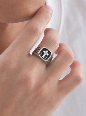 祥饰帝简约钛钢锆石十字架戒指