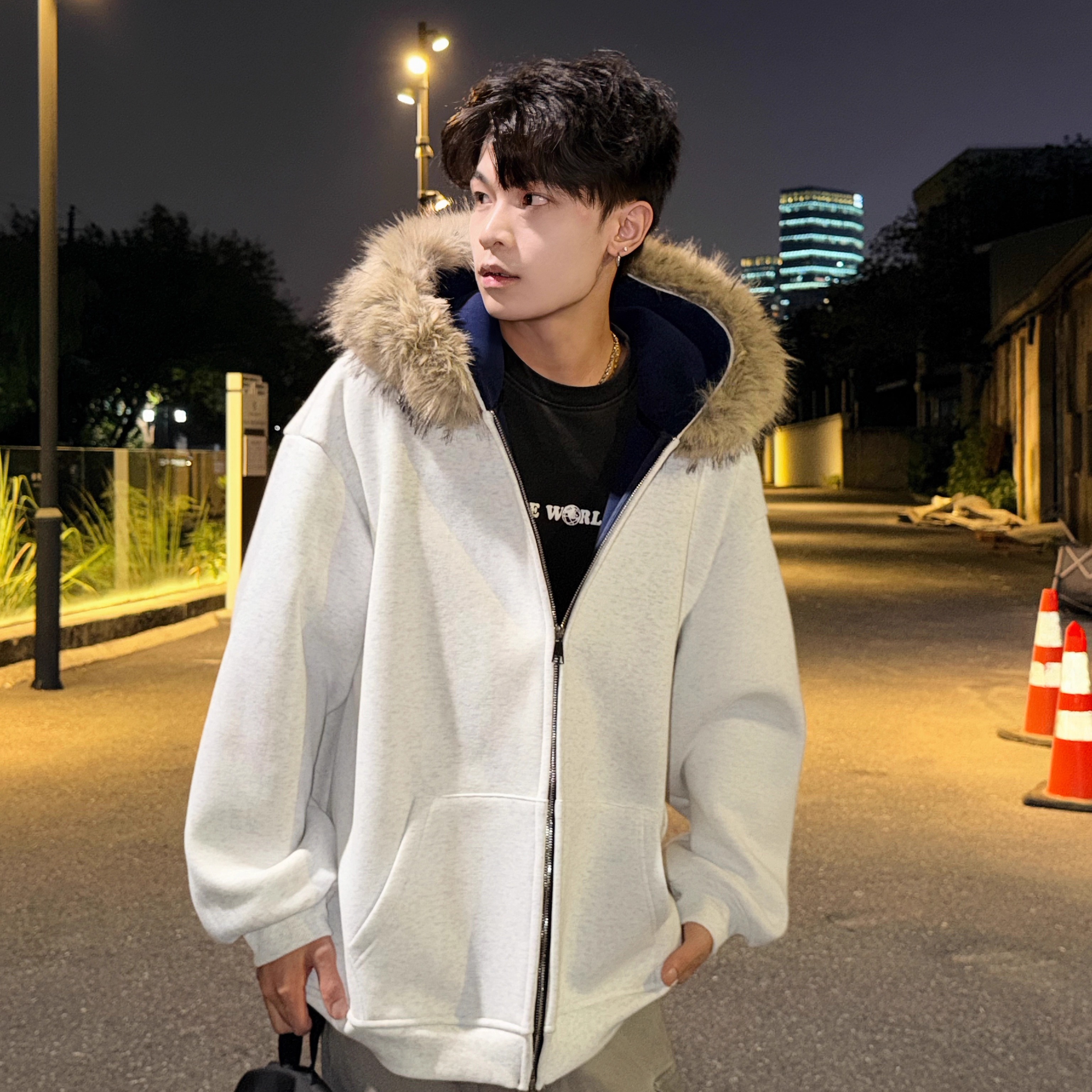 GKKRT美式复古毛领连帽开衫卫衣男潮牌加绒加厚重磅秋冬上衣外套 - 图0