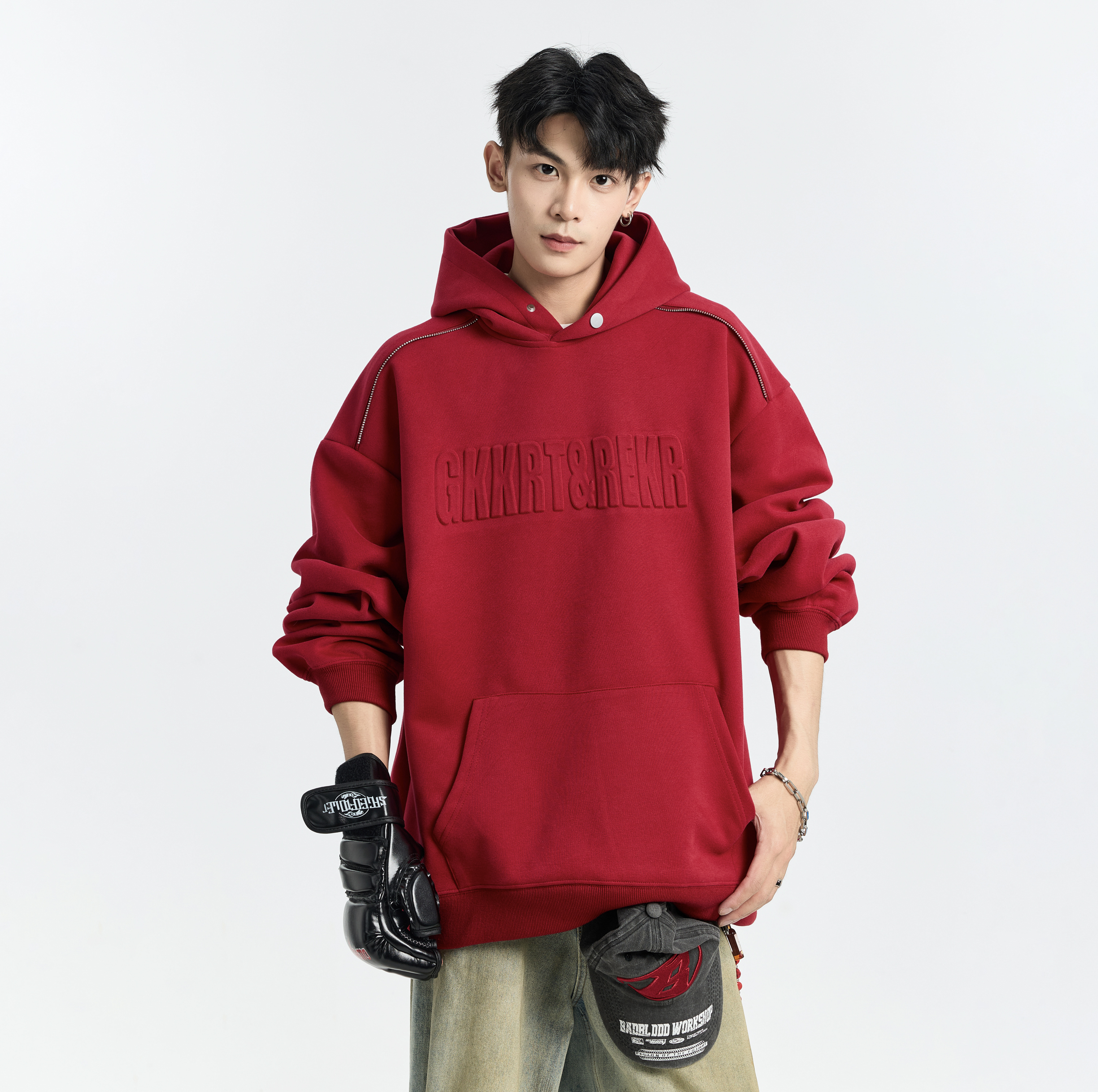 GKKRT潮牌重磅钢印字母连帽卫衣男加绒加厚美式宽松廓形休闲上衣 - 图1