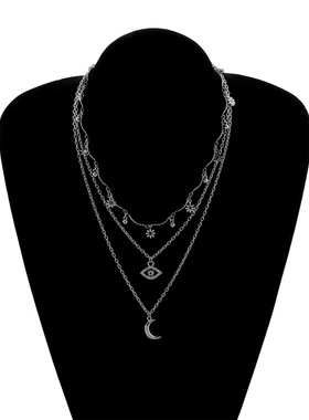 欧美饰品 弯管满钻眼睛月牙吊坠项链女 热卖潮款花朵个性项饰