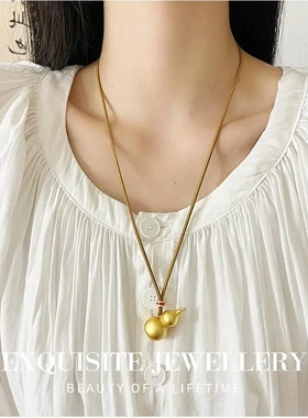 古法沙金葫芦吊坠项链抽拉可调节编织绳长款毛衣链国潮新中式饰品