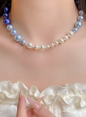 法式气质蓝色串珠打结珍珠项链小清新锁骨链复古高级感项饰女