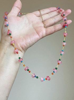 多巴胺粉色串珠项链女