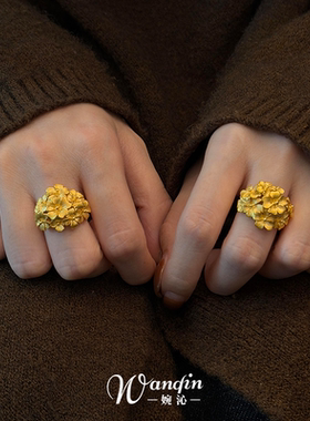 复古老钱风金色绣球花戒指女