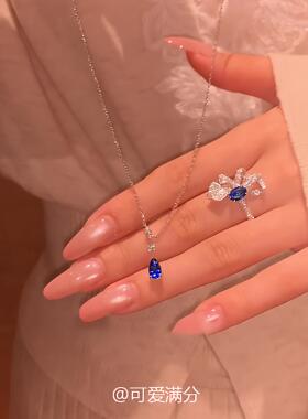 清冷感蓝色水滴吊坠项链女