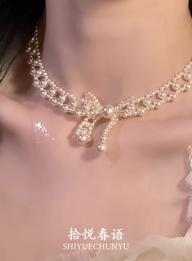 法式复古双层蝴蝶结仿珍珠项链女