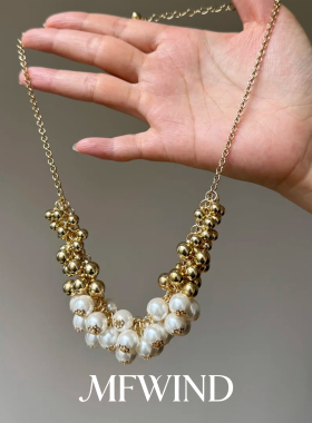 法式复古金属串珠仿珍珠项链女