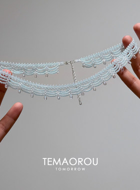 法式复古蓝色串珠蕾丝项链女