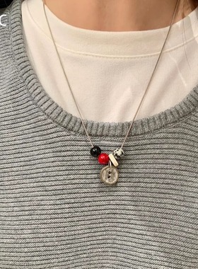 复古串珠纽扣项链女颈链