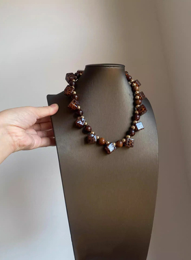 琥珀色豹纹波点方块串珠项链女