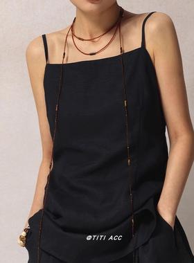 复古棕色多层串珠项链女吊坠