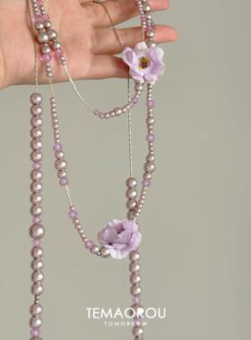 法式复古多层紫色花朵串珠项链女