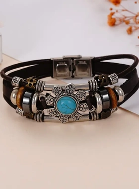 df 2022新款绿松石不锈钢皮革手链欧美手工编织男士牛皮手饰景区