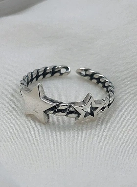 韩版复古做旧星星链条戒指开口五角星食指环女极简银饰品