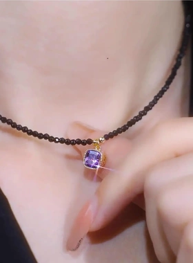 黑色珠子方糖紫水晶项链女气质轻奢小众高级感锁骨链网红百搭颈链