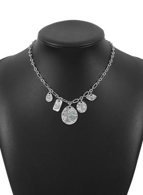 11631跨境新款绿松石星月多吊坠项链 潮酷嘻哈朋克风圆片复古颈链