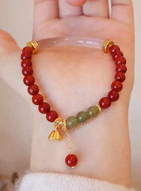 天然南红玛瑙桶珠和田玉跑环手链好事莲莲半镯设计感手镯手饰手工