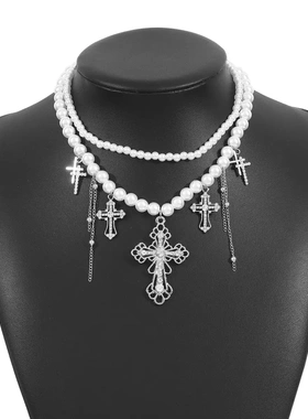 N12274气质小众设计双层仿珍珠项链 欧美个性三叶十字架多层颈链