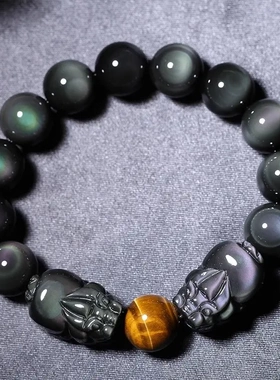 彩眼黑曜石貔貅手链本命年龙年虎眼石佩珠黑曜石单圈手链情侣手串