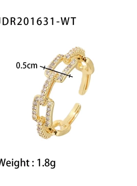 欧美新款18k金铜镶锆锁链开口戒指 小众ins风网红戒指可调节手饰