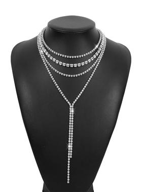 n10325夸张小众时尚水钻颈链 多层轻奢流苏项链晚宴舞会背部饰品