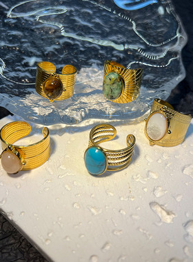 跨境爆款vintage戒指不掉色ins小众设计天然石高级感复古中古戒指