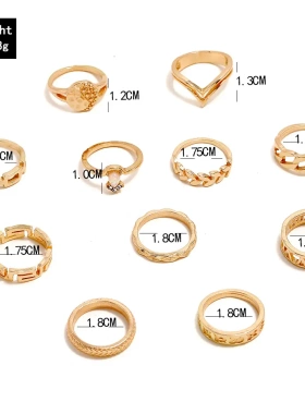 欧美爆款 星座几何金色戒指 复古朋克v型镶钻指环11件套戒指合金