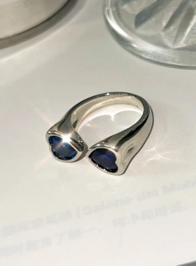 韩版S925银甜美蓝色锆石戒指女复古时尚重工开口指环嘻哈食指戒潮