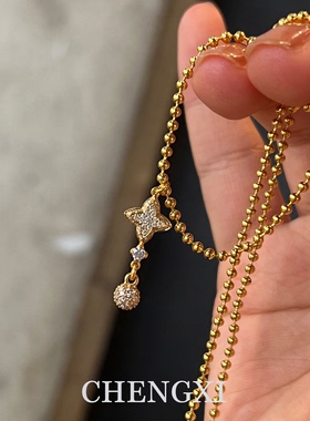 复古金色串珠四叶草吊坠项链颈链