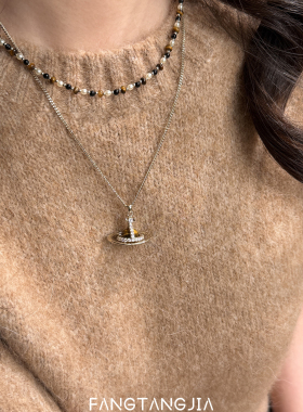 秋冬复古仿虎眼石串珠土星项链