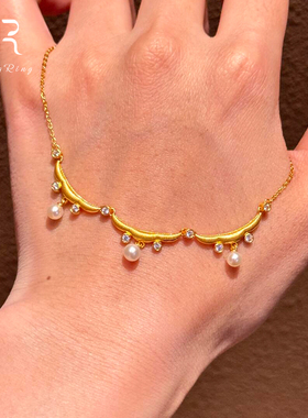 新中式金色花边仿珍珠项链女配饰