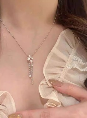超仙人造珍珠流苏项链女颈链