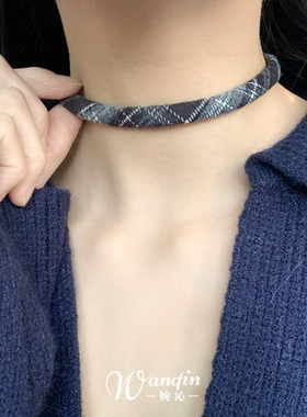 秋冬复古圣诞红色格纹项链甜美