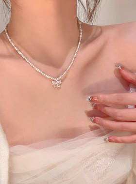 爆闪蝴蝶结珍珠吊坠项链女