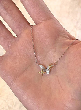 银色拉丝蝴蝶星芒项链女颈链