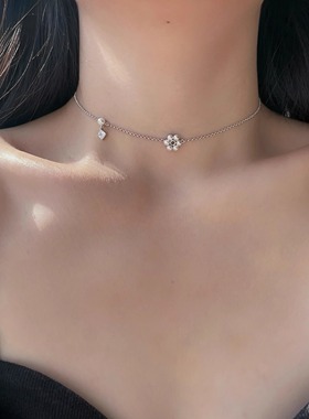 银色人造珍珠小花项链女吊坠