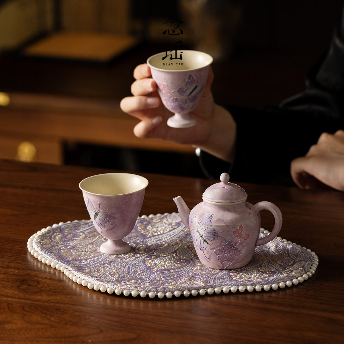 念瑶油画紫偏偏蝶舞泡茶壶品茗杯壶家用陶瓷功夫茶具教送朋友闺蜜,淘宝优惠券,粉丝福利购,淘宝优惠卷