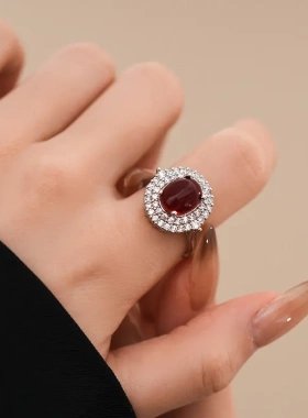 欧美宫廷风红色椭圆树脂锆石开口戒指个性食指戒时级感手饰女