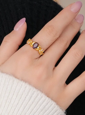 紫色椭圆锆石花朵开口戒指轻奢高级感食指戒时尚通勤百搭手饰